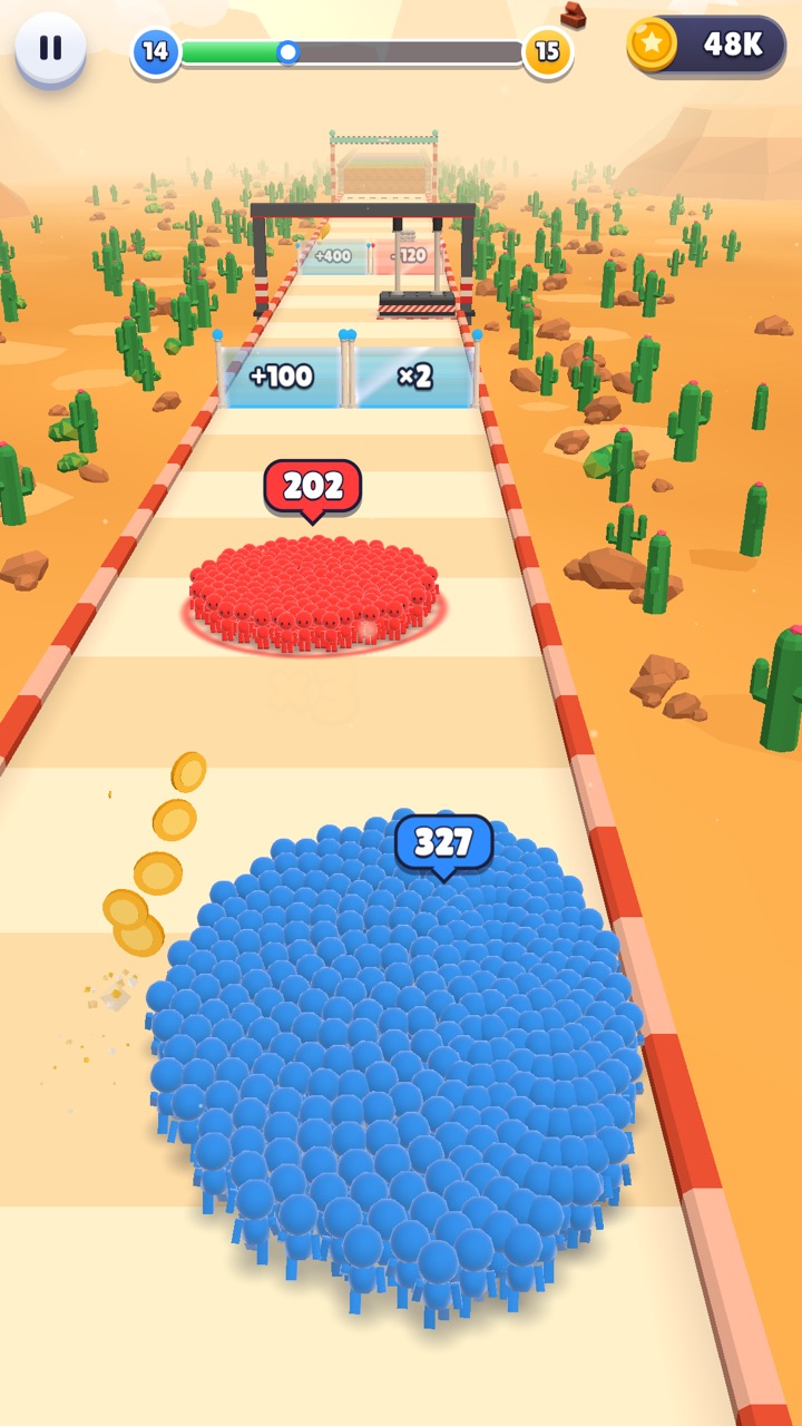 A blue crowd of stickmen charging down a desert track toward a red mob and a row of +100 and ×2 gates