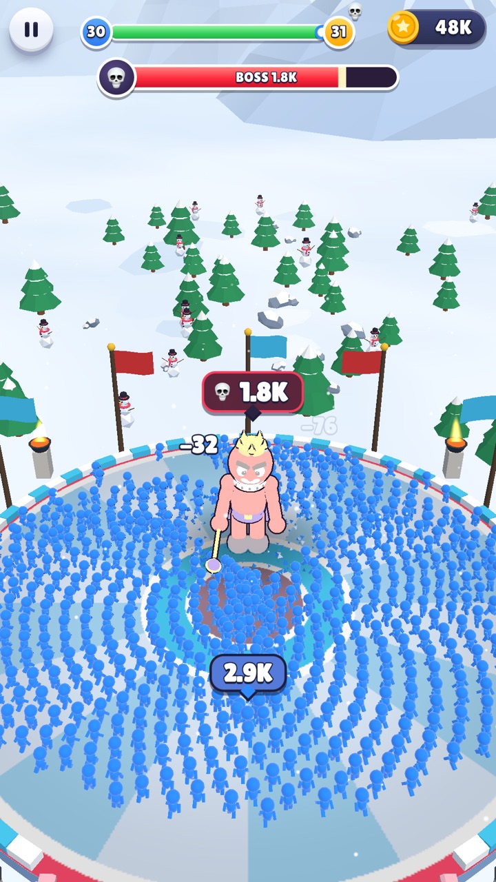 A giant boss surrounded by the player's crowd, with its health bar draining