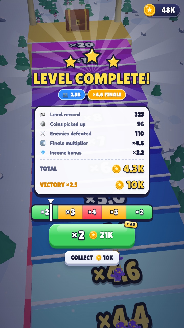 The level complete screen, with a needle sweeping across ×2, ×3 and ×4 to multiply the coins won